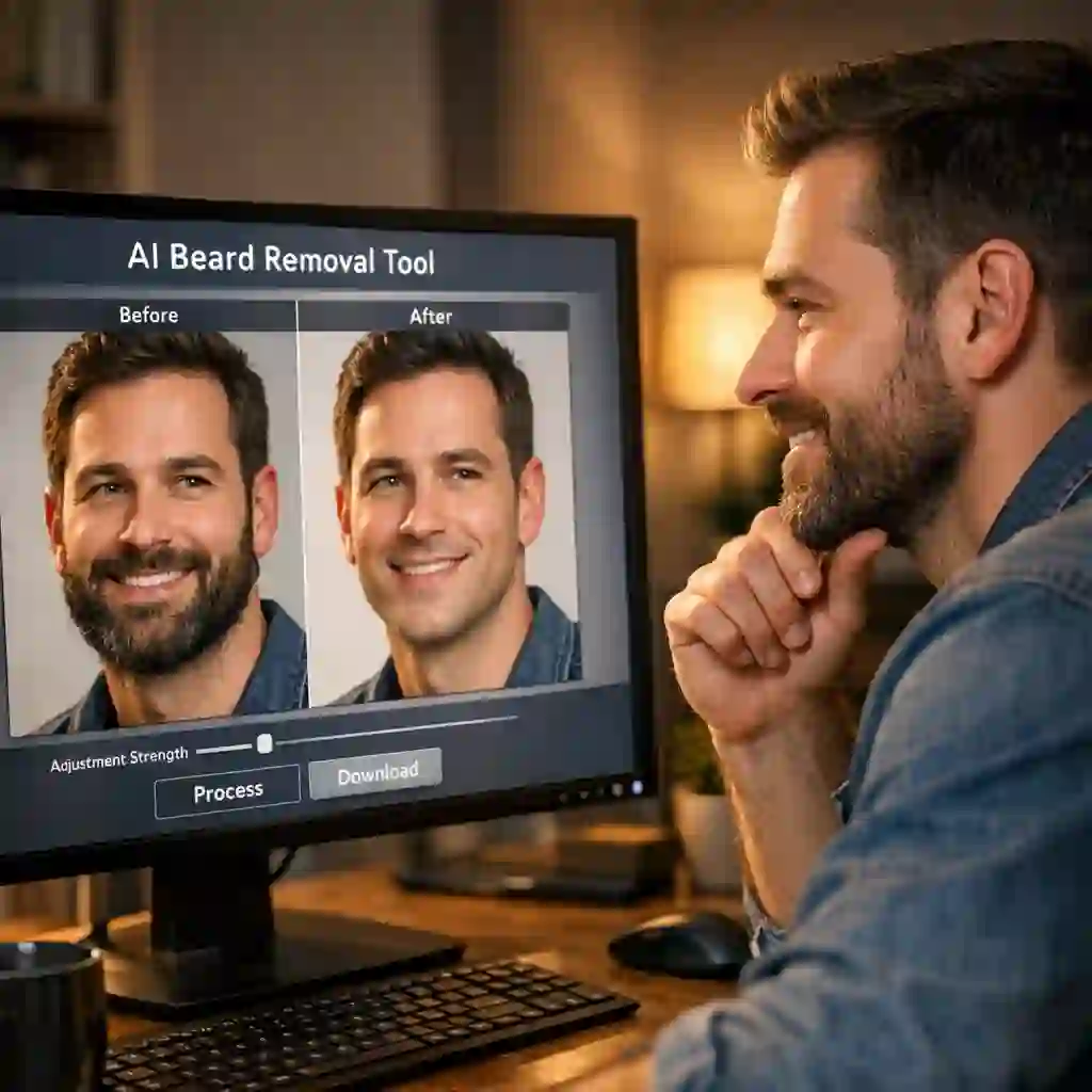 Free AI-powered no beard filter online tool creating realistic clean-shaven effect with one click beard removal