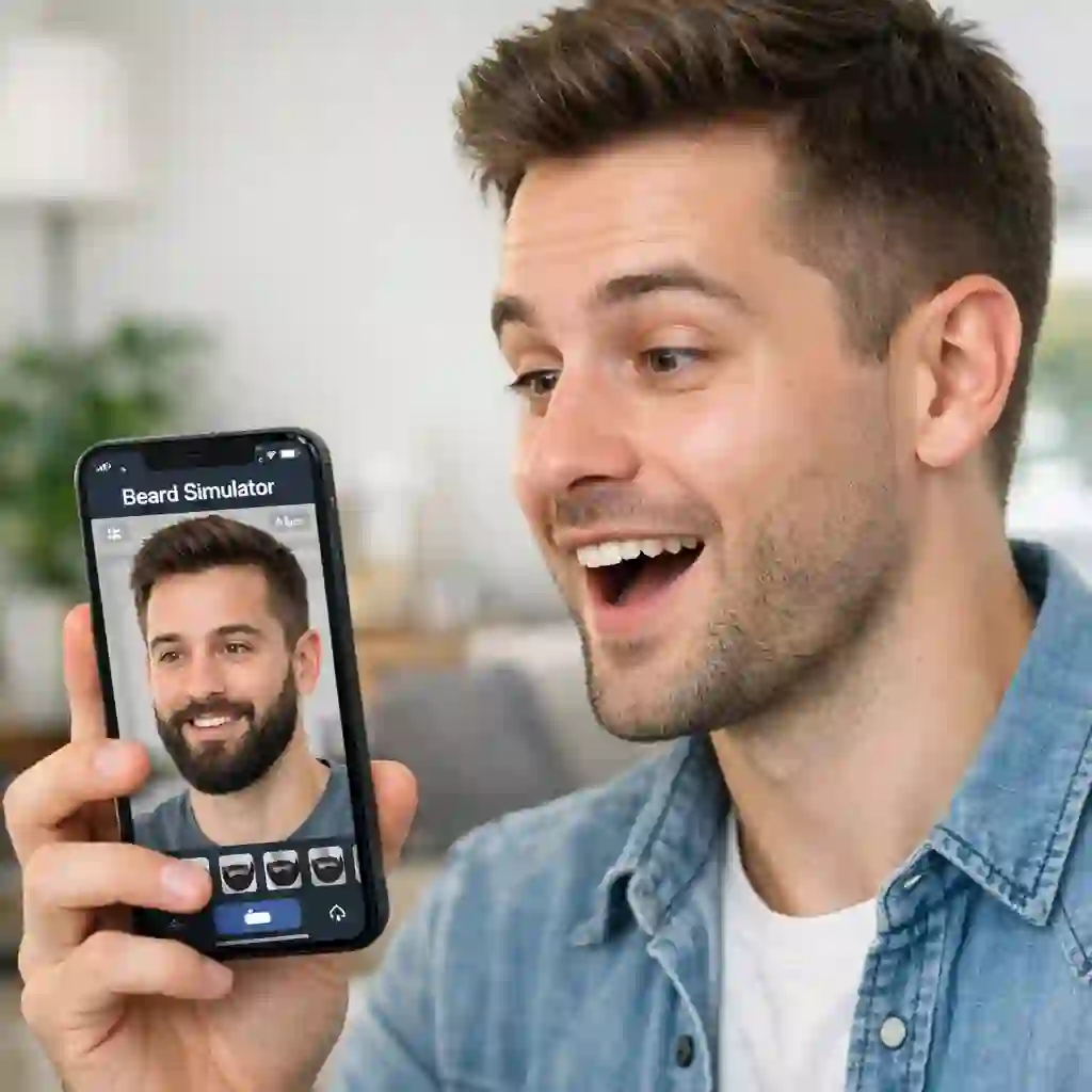 Beard simulator tool overlaying realistic beard styles on clean-shaven face using AI facial recognition and mapping