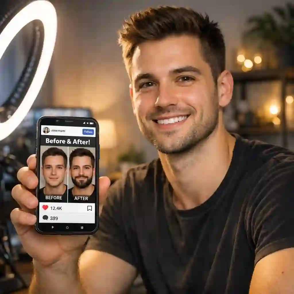 Sharing beard simulator results on Instagram TikTok and Facebook as social media content for before and after comparisons