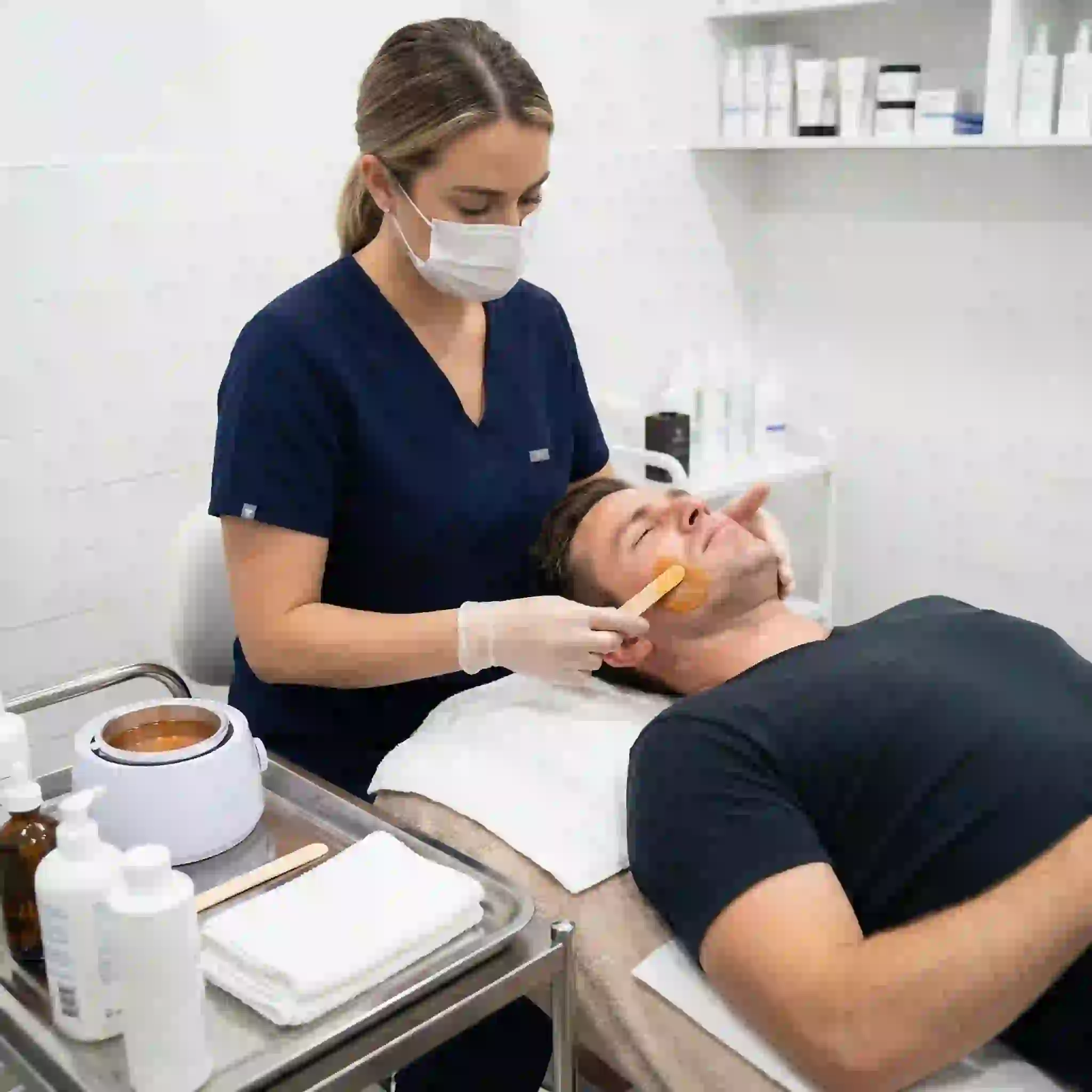 Beard waxing for men showing warm wax application and hair removal from follicle for weeks of smooth skin