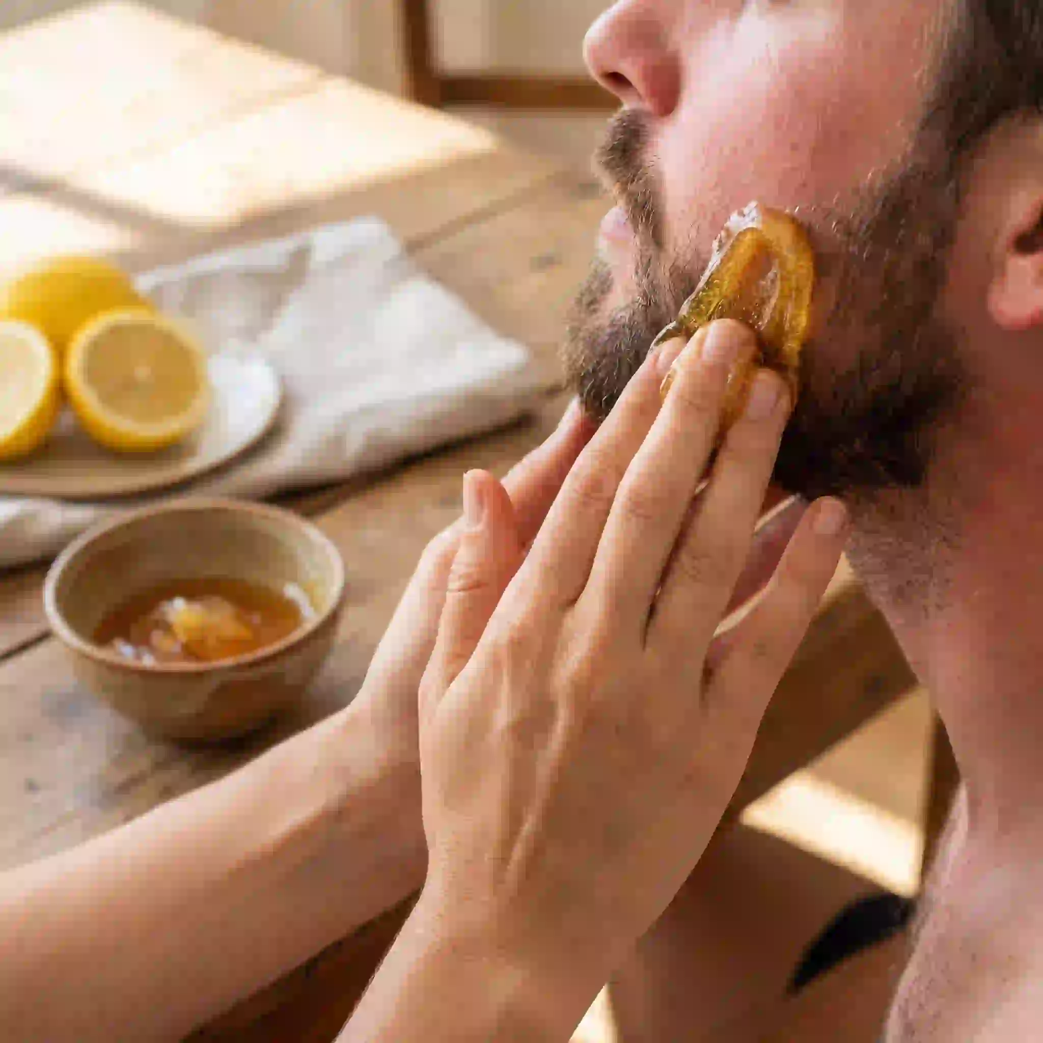 Sugaring facial hair removal using natural sugar lemon and water paste as a gentle alternative to beard waxing