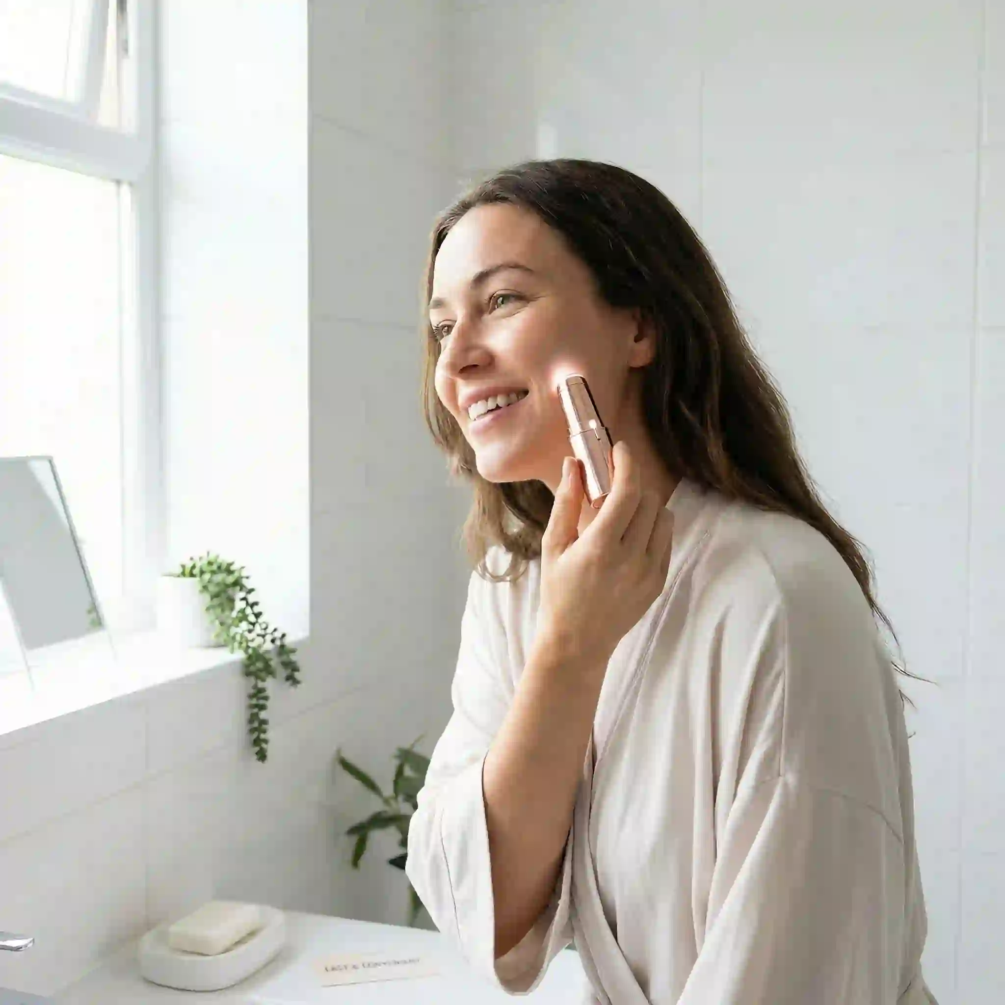 Finishing Touch Flawless facial hair remover showing lipstick design LED light and pain-free peach fuzz removal results