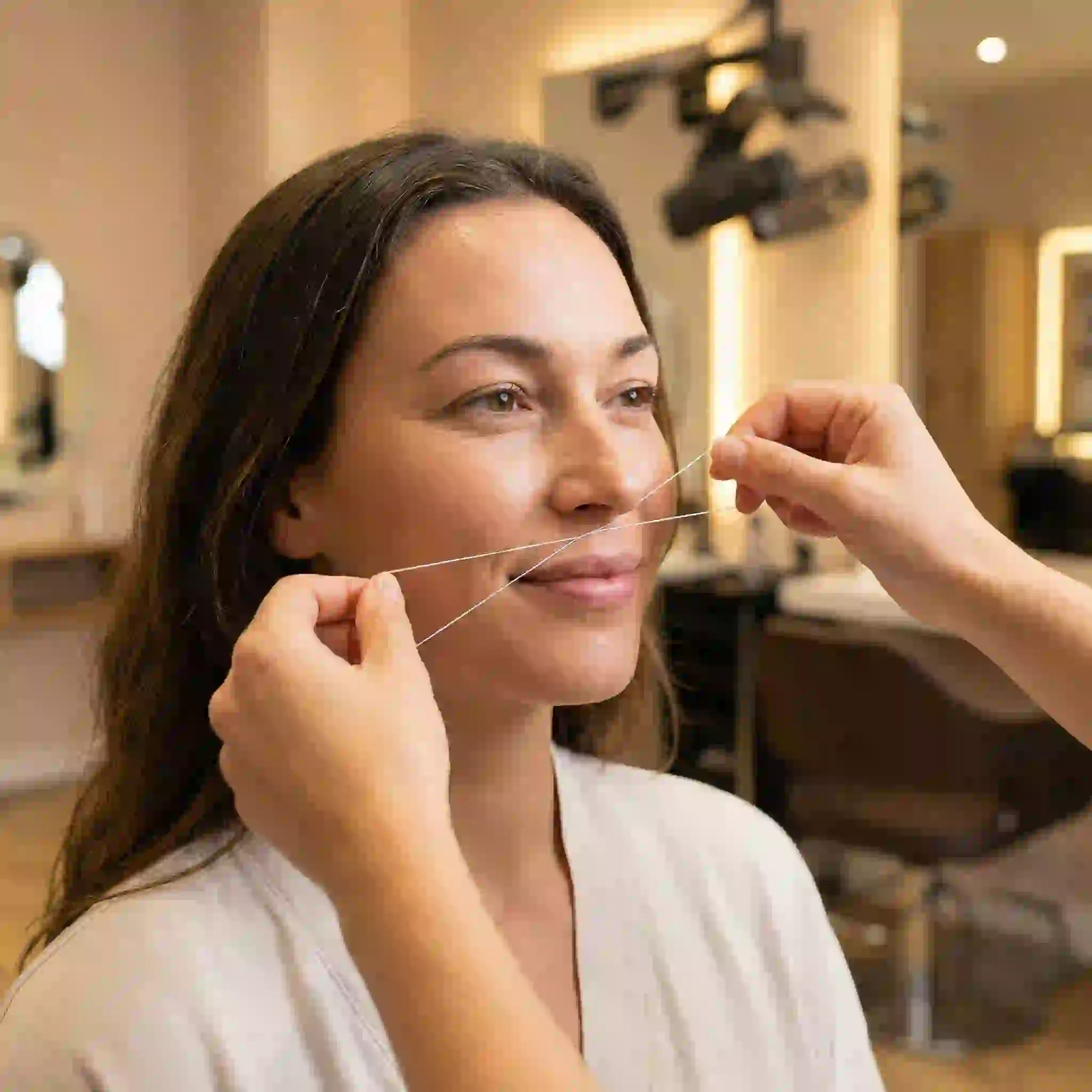 Threading and tweezing precision facial hair removal showing cotton thread technique for upper lip eyebrows and chin